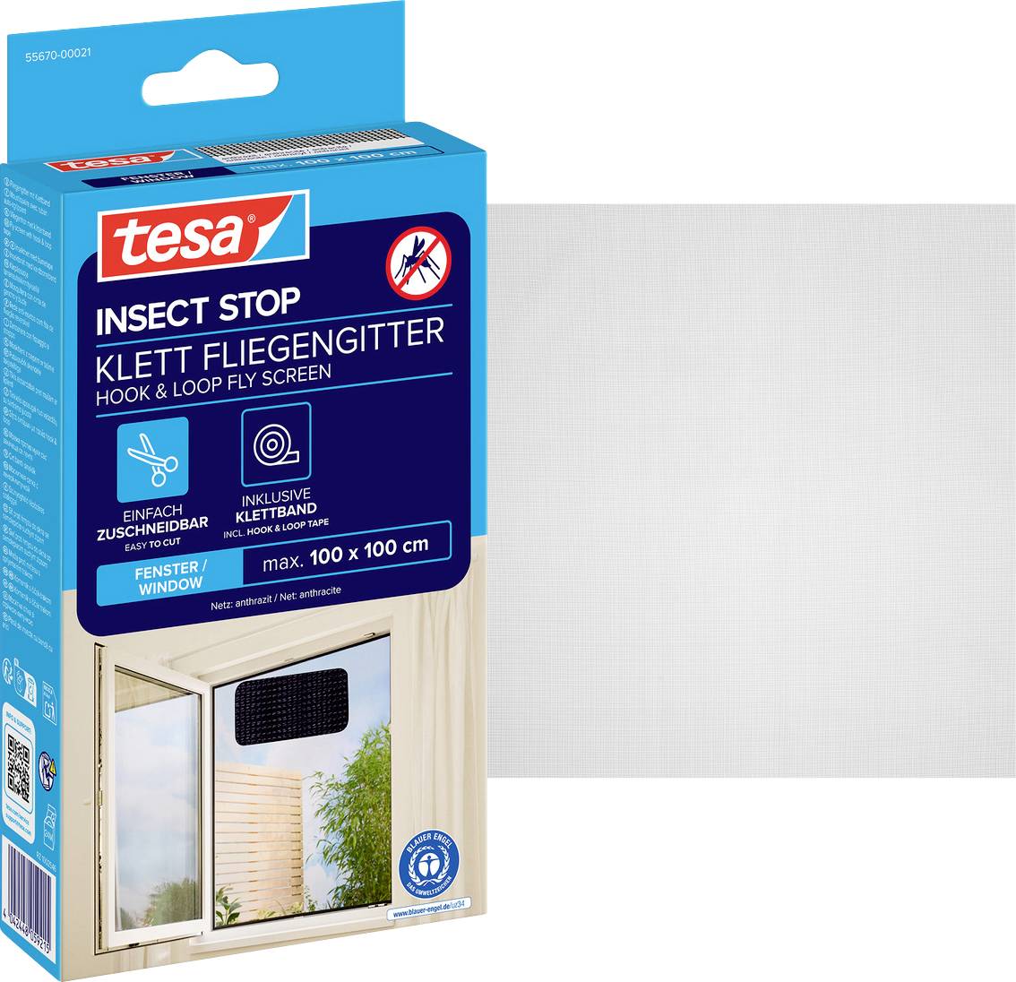 Doos met tesa Insect Stop klittenband vliegenscherm voor ramen, verstelbaar tot 100 x 100 cm, getoond met een raaminstallatievoorbeeld.