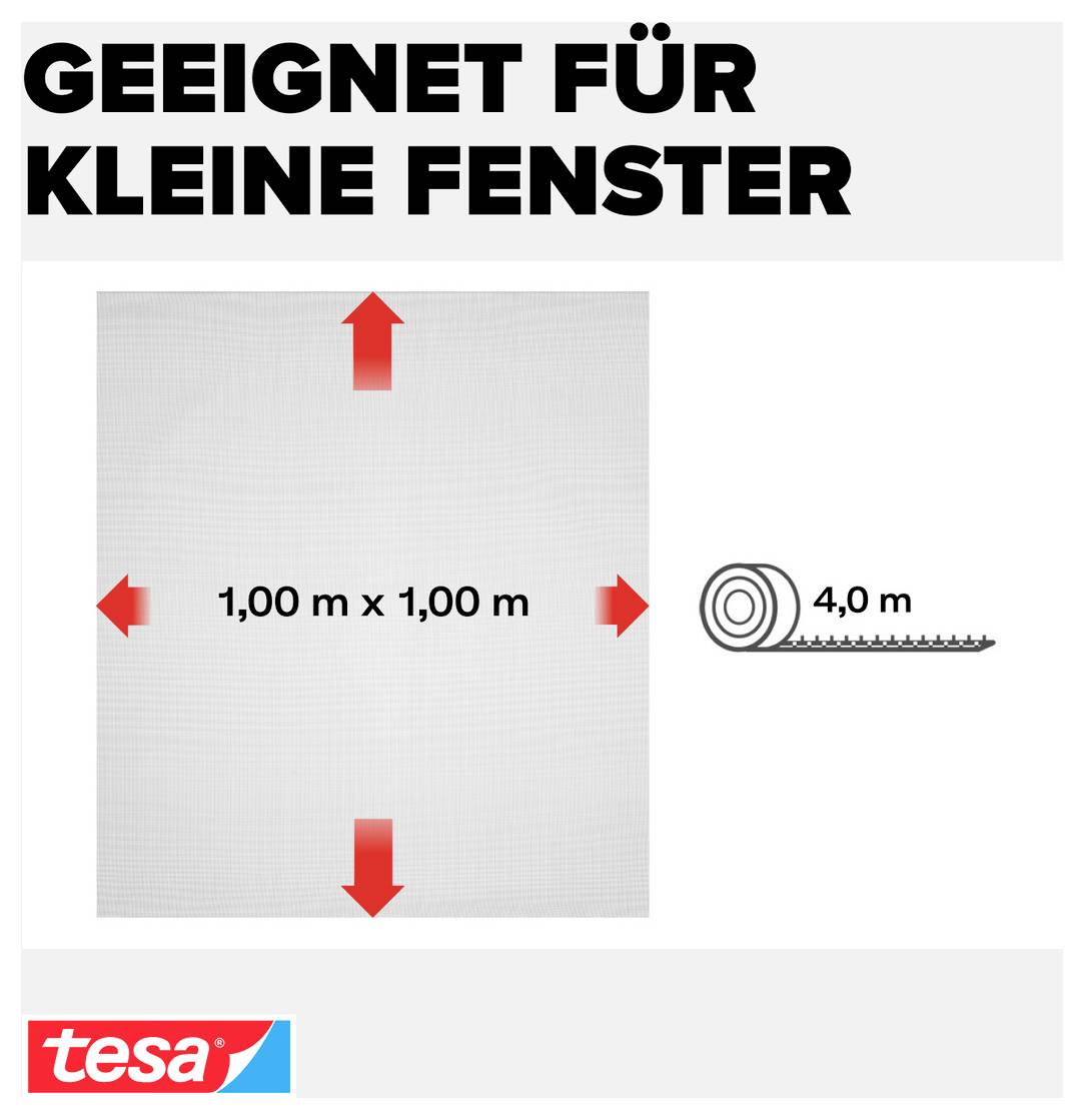 Reclame voor insectenbescherming: 'Geschikt voor kleine ramen', afmetingen 1,00 m x 1,00 m, rechts 4,0 m spoellengte, tesa-logo linksonder.