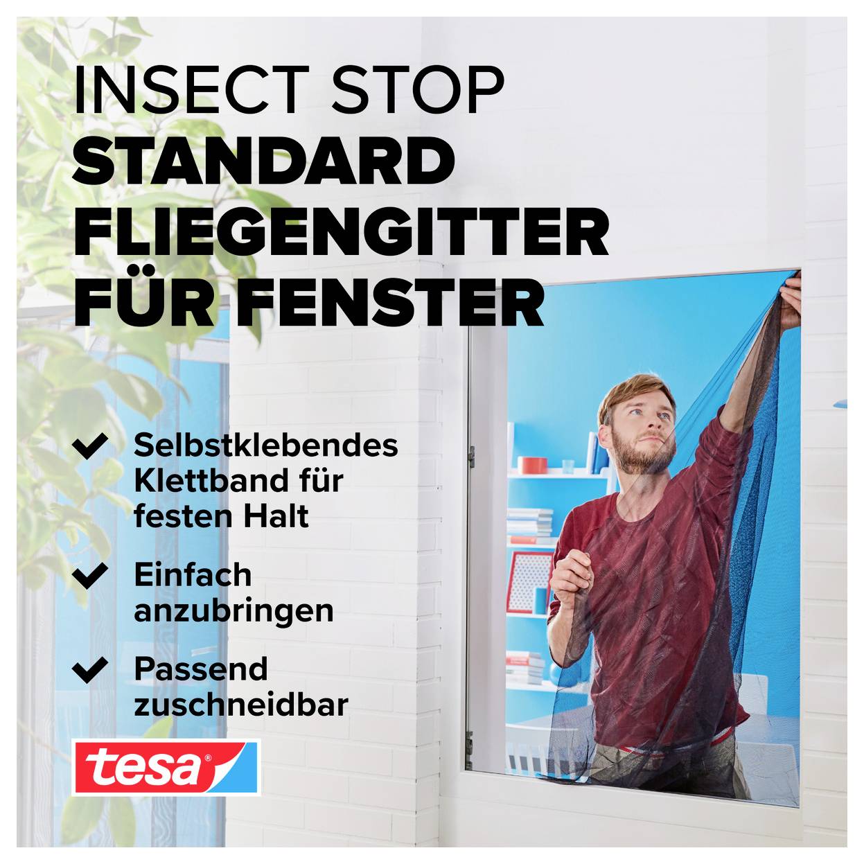 Reclameposter voor 'Insect Stop Standard Raamhorren voor Ramen' met man die een raamhorren aan het raam aanbrengt; noemt zelfklevend klittenband, gemakkelijk aan te brengen, naar maat toe te snijden.