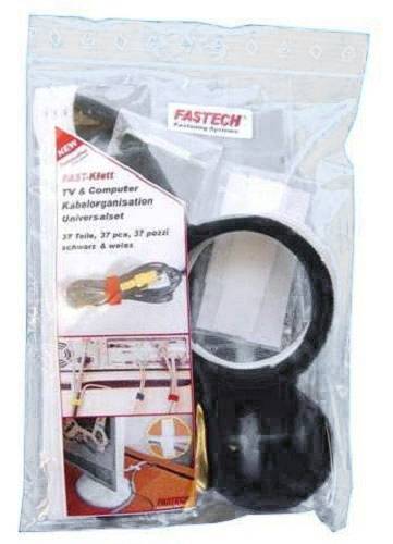 Een kabelorganisatieset genaamd 'Fast-Klett', bestaande uit meerdere kabelbinders, weergegeven in een transparante verpakking.