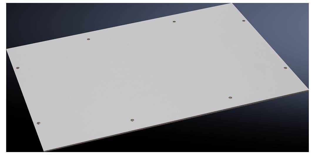 Witte plaat met meerdere bevestigingsgaten op een donkere achtergrond.