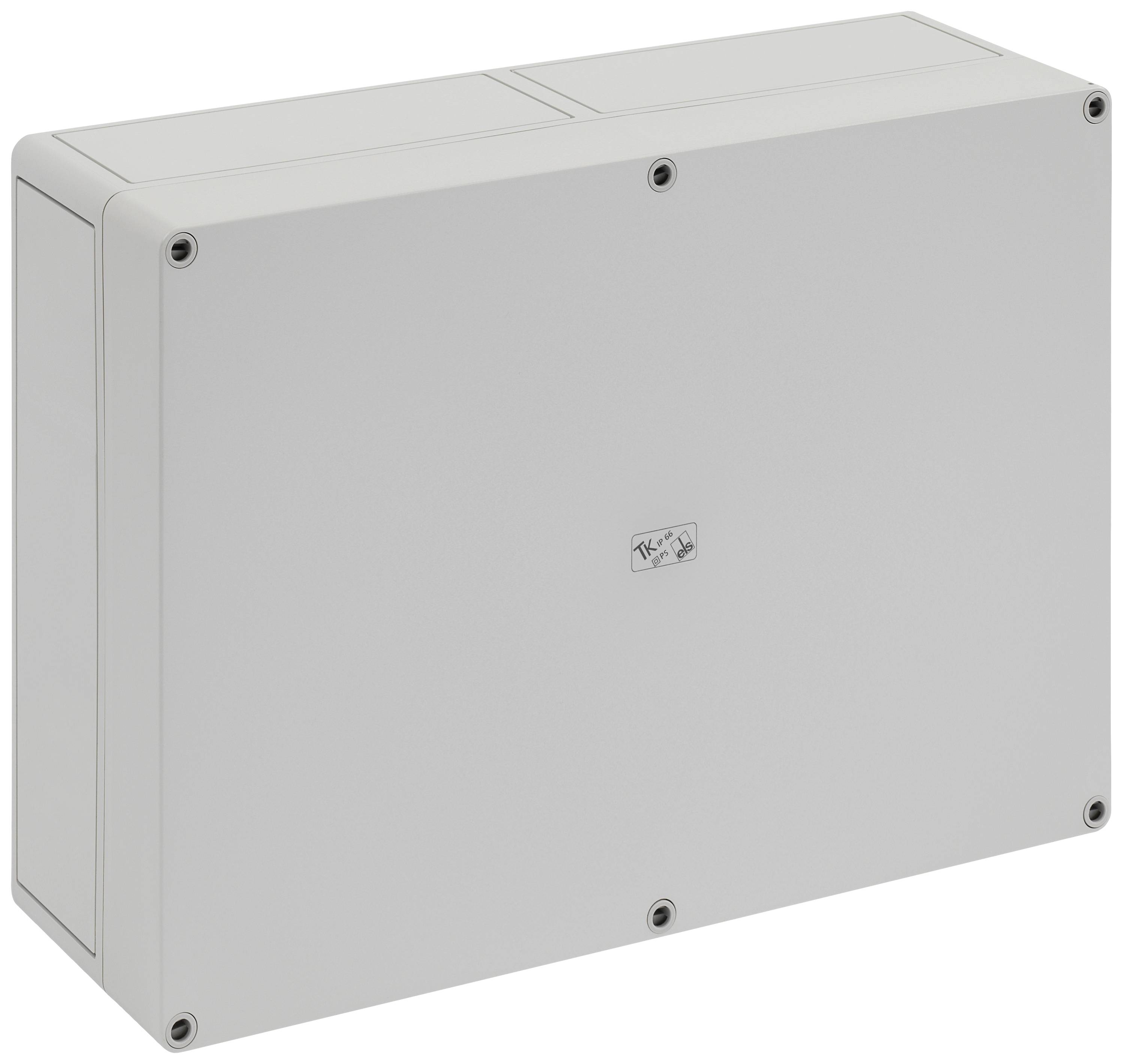 Grijs rechthoekig behuizing met schroeven op de hoeken, geschikt voor de bescherming van elektronische installaties tegen stof en vocht.