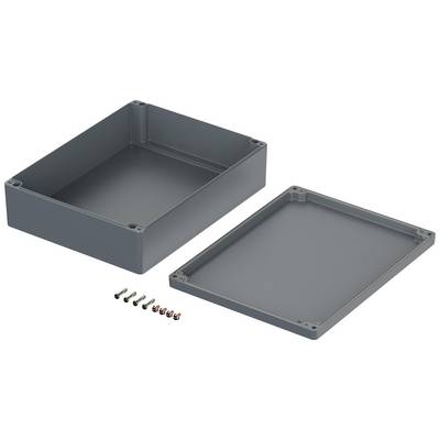 Grijs-blauw rechthoekig kunststof behuizing met afneembaar deksel en bevestigingsschroeven, op witte achtergrond.