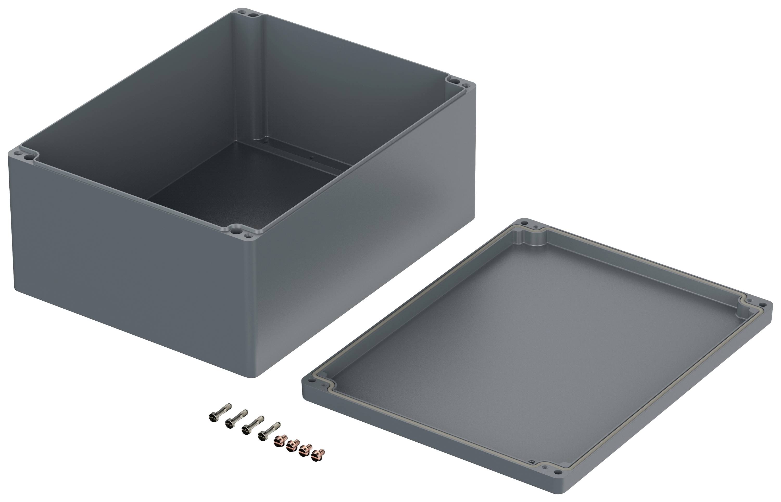 Grijs kunststof behuizing met afneembare afdekking, naast meerdere bevestigingsschroeven.
