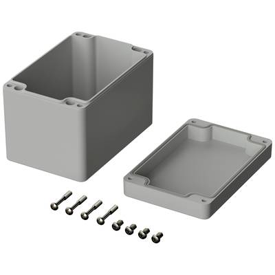 Grijs rechthoekig behuizing met afneembaar deksel, naast zes schroeven. Wordt gebruikt voor de bescherming van elektrische componenten.