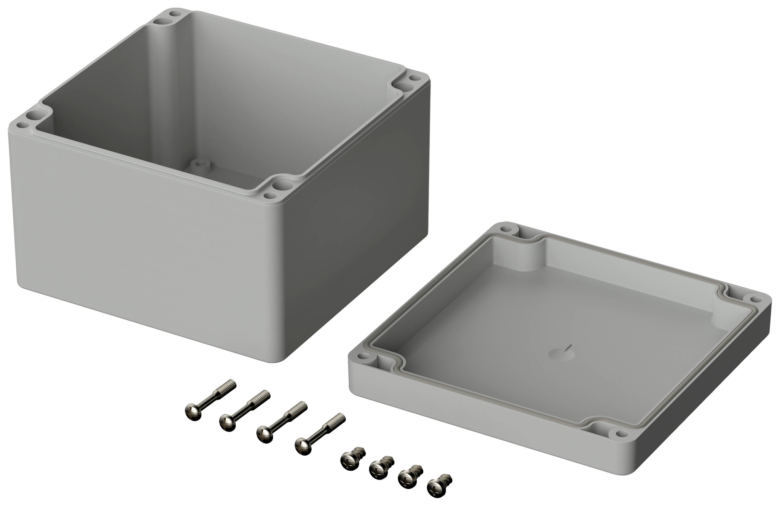 Een grijs kunststof behuizing met een afneembaar deksel en acht schroeven. Geschikt voor elektrische bekabeling of bescherming van elektronica.
