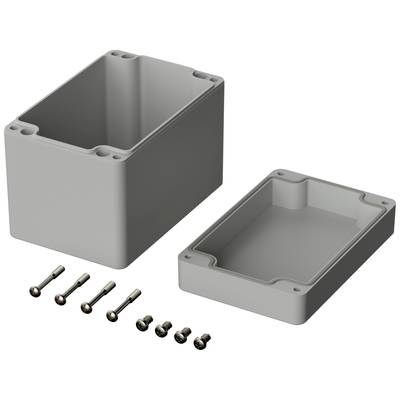 Twee rechthoekige grijze behuizingen van kunststof, waarvan één met open deksel. Daarnaast zes schroeven. Bestemd voor elektronicabehuizingen.
