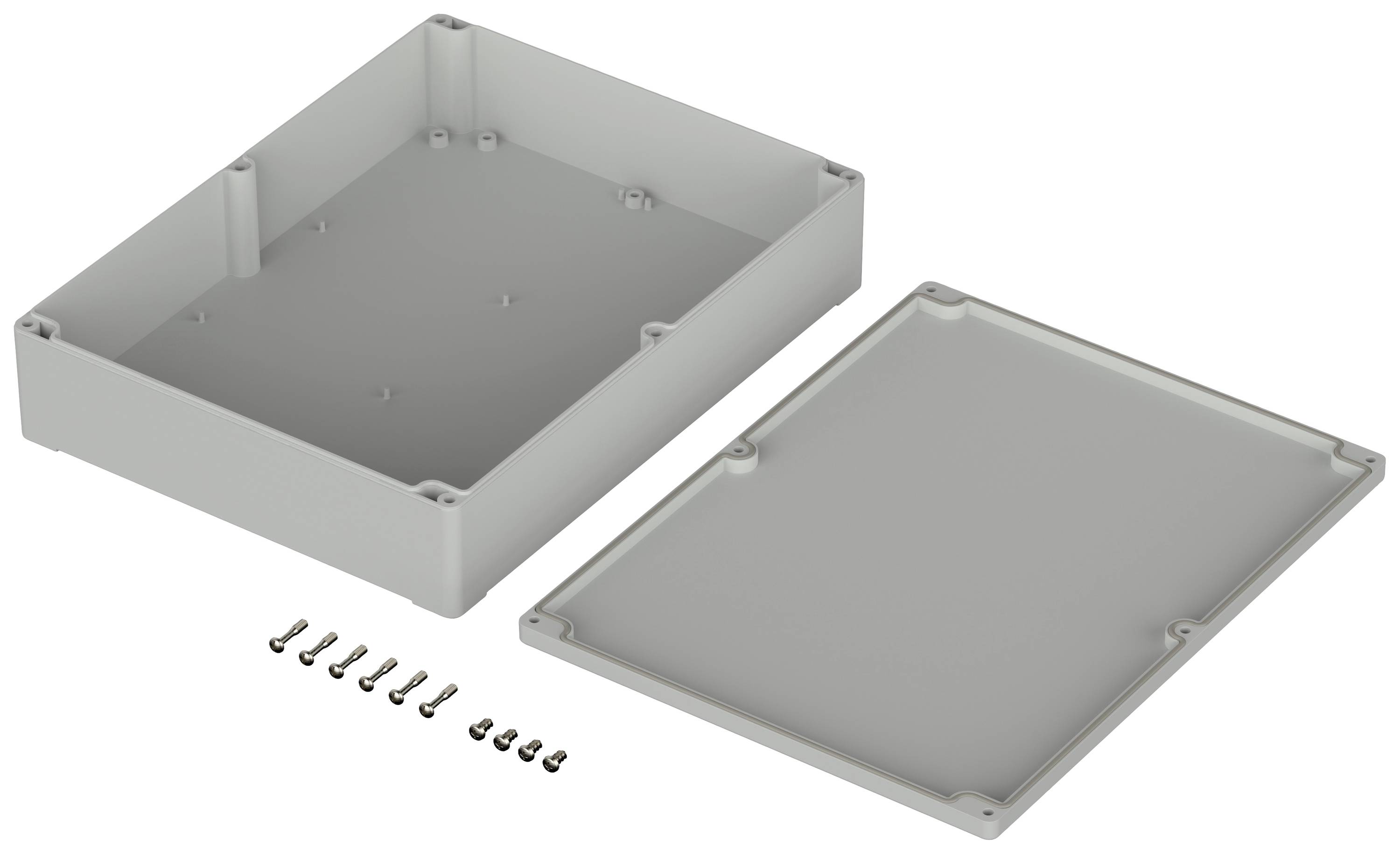 Grijs-grijze rechthoekige behuizing, open getoond met een deksel en verschillende schroeven ernaast, tegen een witte achtergrond.