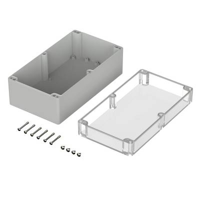 Behuizing van grijs kunststof met transparante deksel, naast acht schroeven. Ideaal voor elektronische componenten.