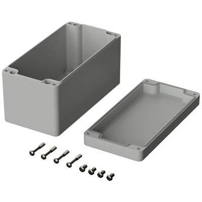 Grijs behuizing met afneembaar deksel en zeven schroeven, geschikt voor elektronische toepassingen.