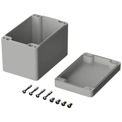 Grijze rechthoekige behuizing met afneembaar deksel en acht schroeven. Voornamelijk bedoeld voor de veilige opslag van elektronische componenten.