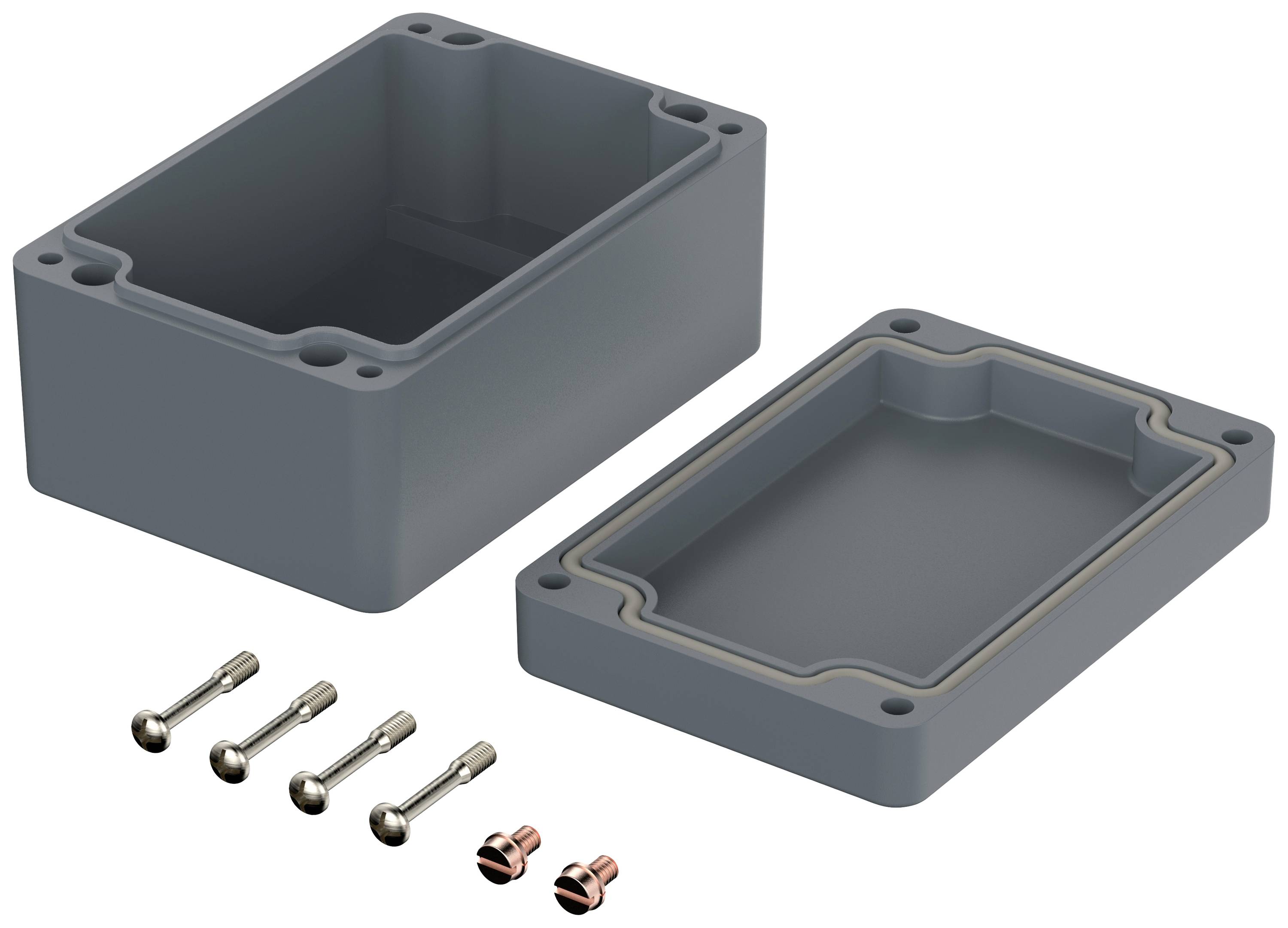 Grijs kunststof behuizing, rechthoekig, verdeeld in twee helften. Vier schroeven en twee kleine metalen klemmen liggen ernaast.