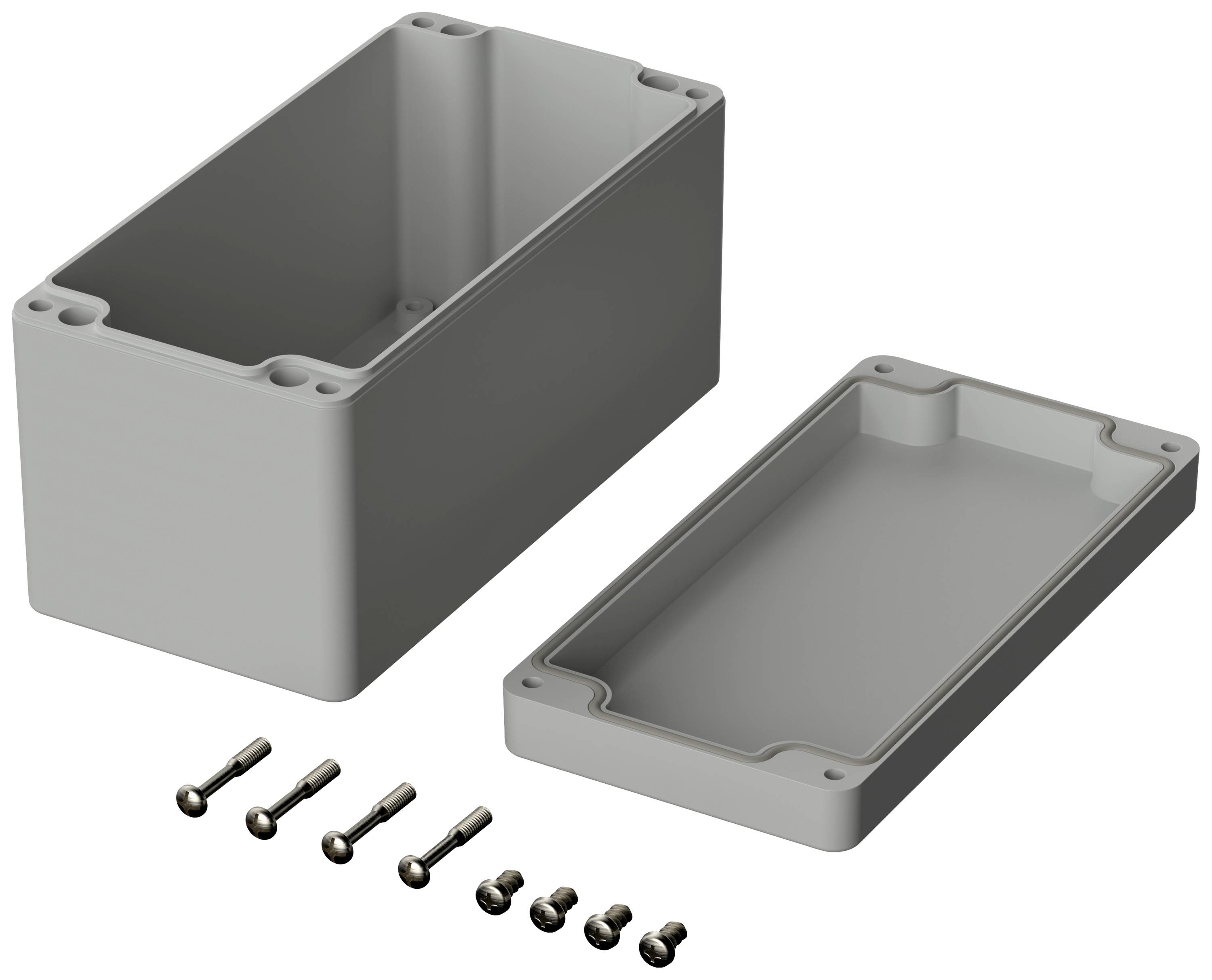 Behuizing van grijs materiaal met afneembaar deksel, voorzien van zes bevestigingsschroeven. Ideaal voor elektronicabehuizingen.