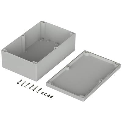 Grijs gekleurd, rechthoekig kunststof behuizing met afneembaar deksel en bijpassende schroeven, geschikt voor elektronische componenten.