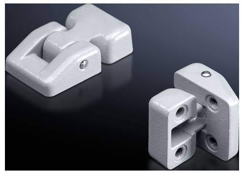 Een grijs metalen scharnier vanuit twee perspectieven toont zijn mechanische structuur en verbindingsmogelijkheden.