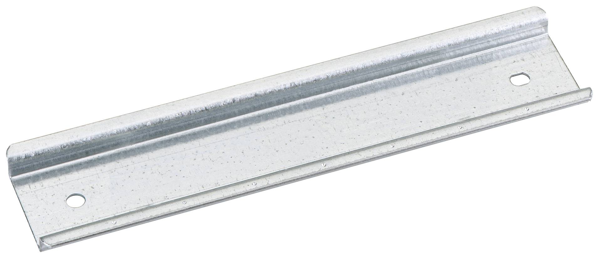 Metalen strip met twee gaten, rechthoekige vorm. Wordt gebruikt voor bevestiging of ondersteuning van constructies.