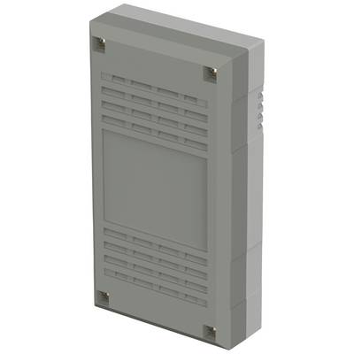 Grijs kunststof behuizing met ventilatiesleuven en schroeven op de hoeken, geschikt voor elektronische componenten.