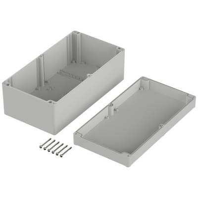 Een rechthoekige grijze behuizing staat open, bestaande uit een bodem- en een dekselgedeelte. Vijf schroeven liggen ernaast.
