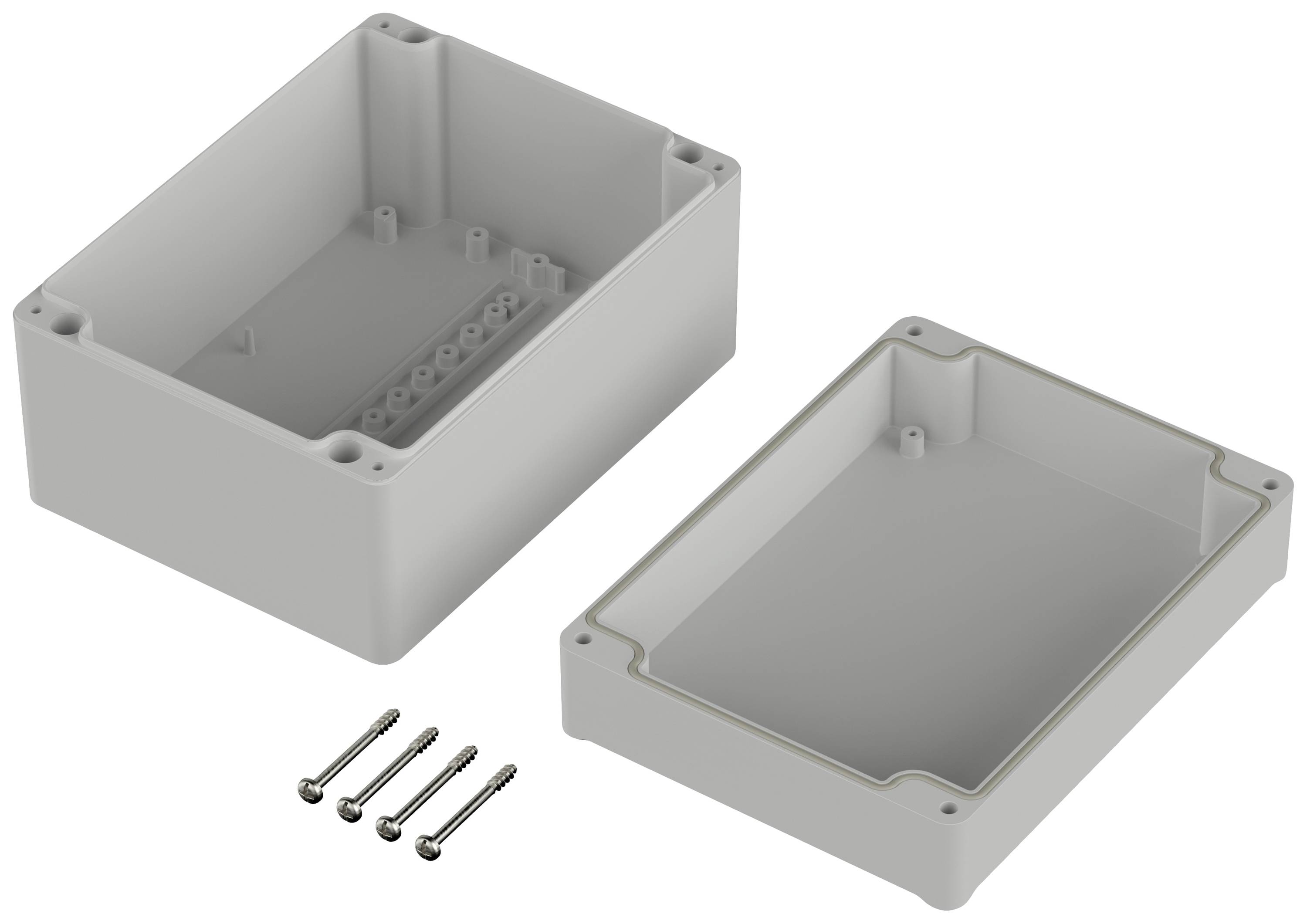 Grijs kunststof behuizing, tweedelig, met verwijderde deksel en vier schroeven, voor elektronische montage.