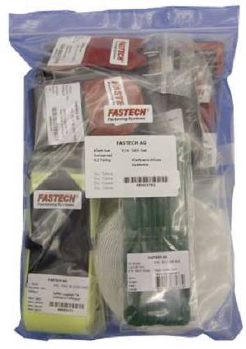 Een transparante plastic zak bevat verschillende kabelbinders in verschillende kleuren en maten, verpakt met een Fastech-etiket.