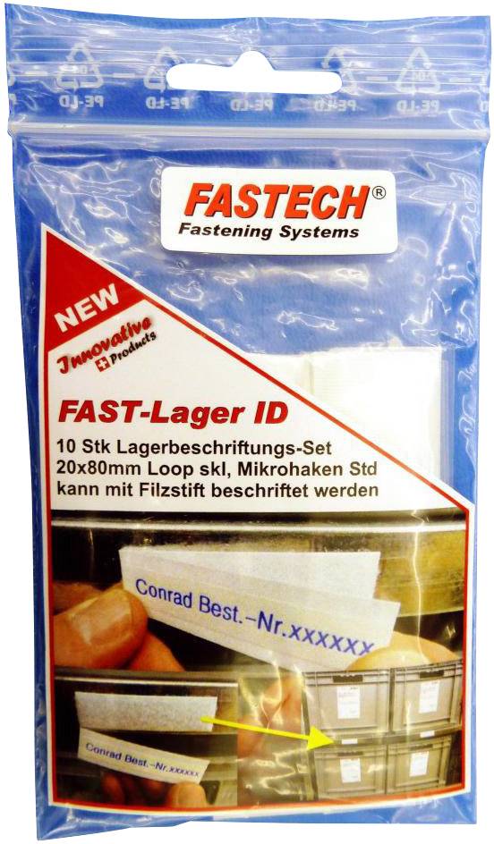 Verpakking van een magazijn-labelset van het merk Fastech met de opdruk 'FAST-magazijn ID'. Bevat 10 stuks, beschrijfbaar met een viltstift.