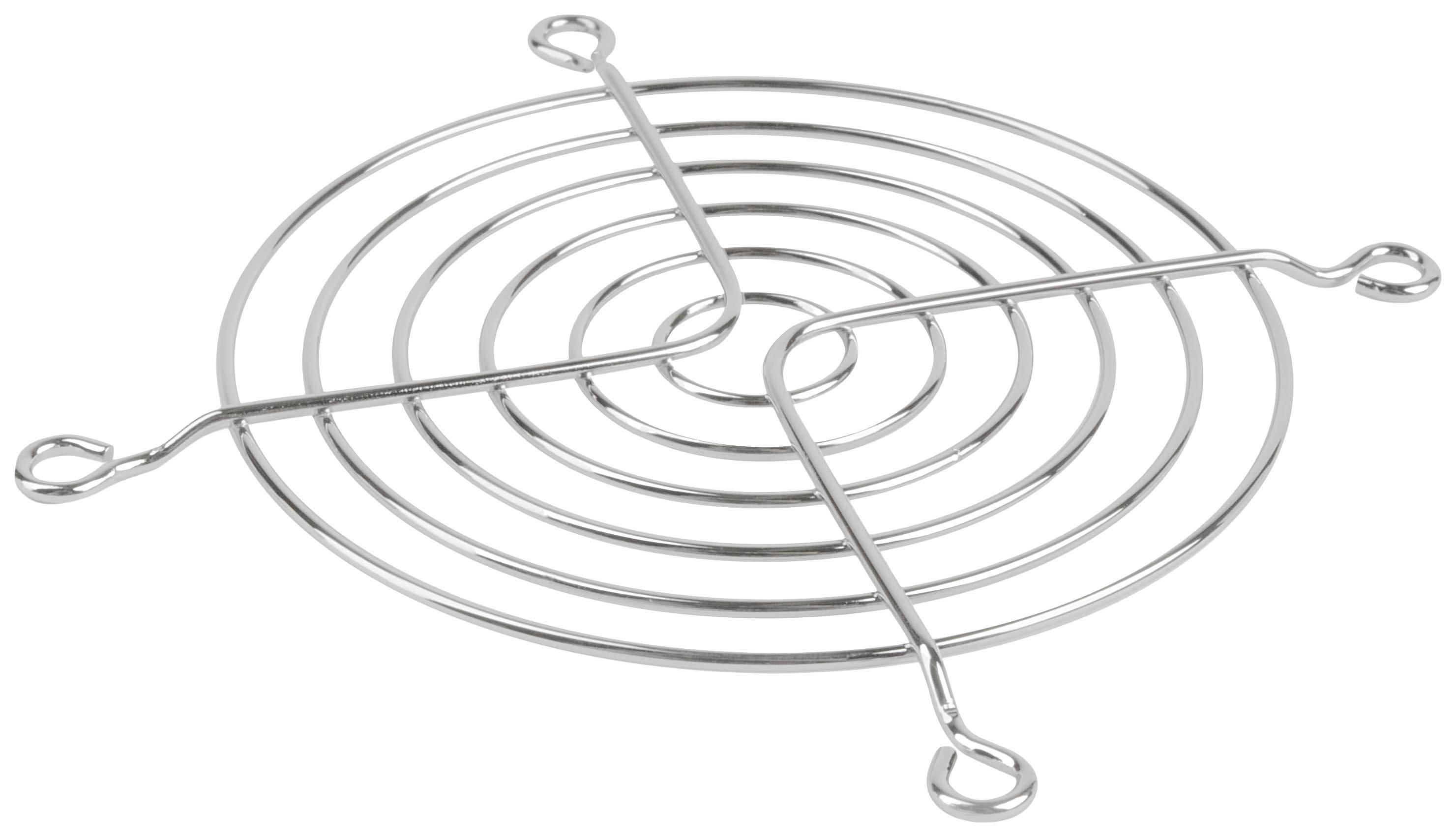 Een ronde, zilveren pannenonderzetter gemaakt van metalen ringen en kruislings geplaatste steunen met gebogen uiteinden in de vier hoeken.