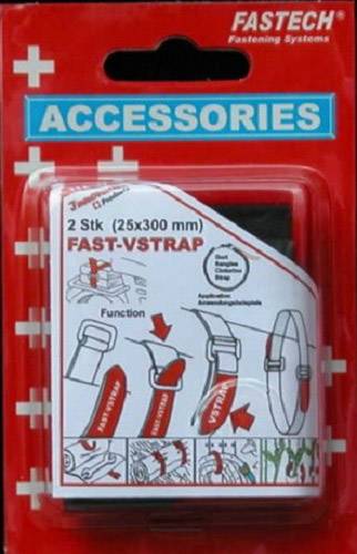 Verpakking van een klittenband met de opdruk 'FAST-VSTRAP'. Bevat twee 25x300 mm banden. Afbeelding licht bevestigingsfunctie toe.