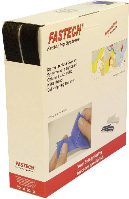Verpakking van Fastech klittenbandsystemen met toepassingsafbeeldingen aan de voorzijde. Bevat zelfklevende sluitingen.