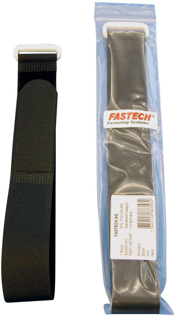 Een zwarte klittenband met kunststof sluiting links, rechts dezelfde band in transparante verpakking met label 'Fastech'.