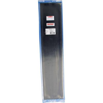 Verpakte zwarte bezem in plastic folie met etiketten van de merken 'Rubbe' en 'Fastech', evenals een productcode.