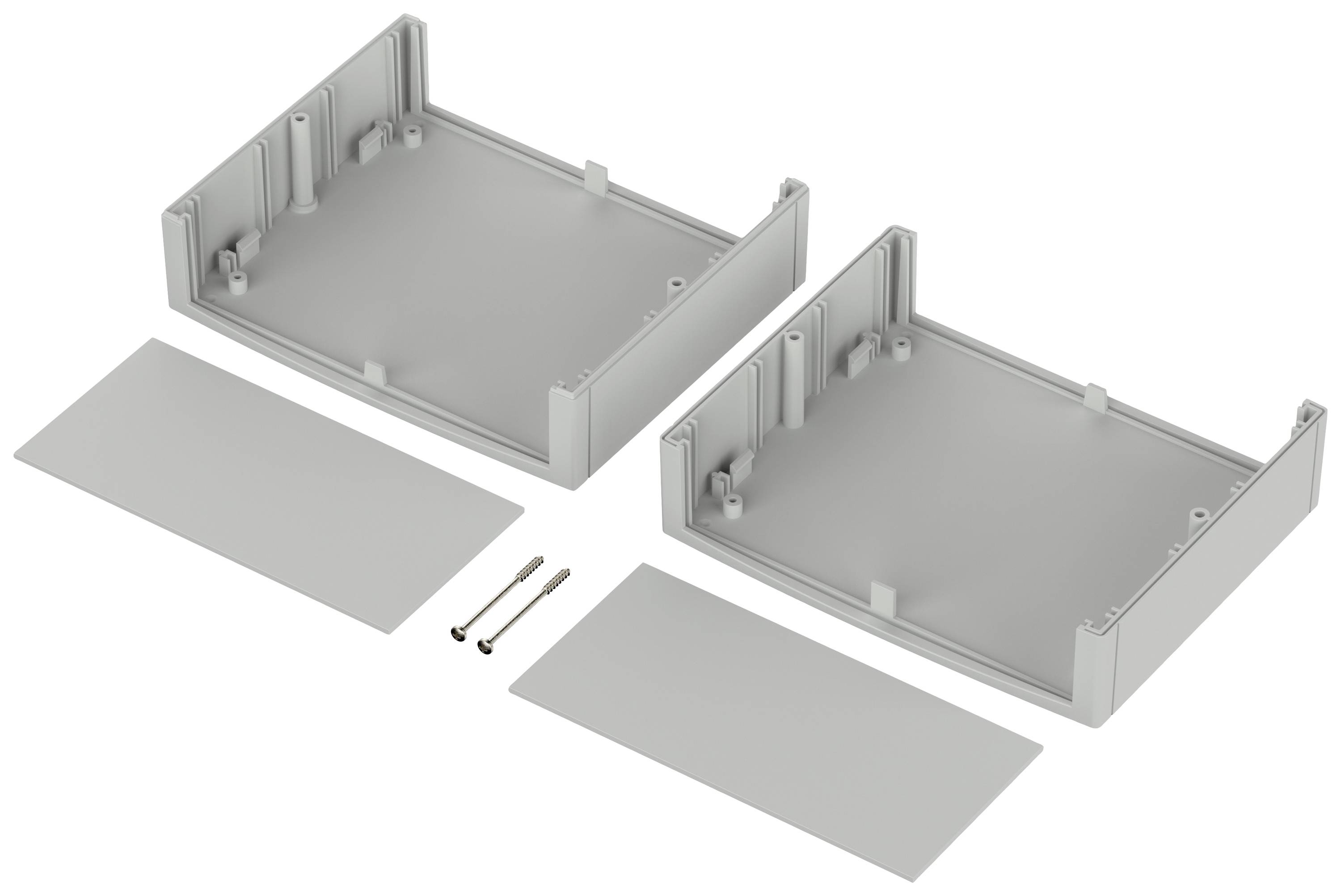 Twee grijze, rechthoekige behuizingshelften met vier kleine houders en twee schroeven in het midden om ze aan elkaar te bevestigen.