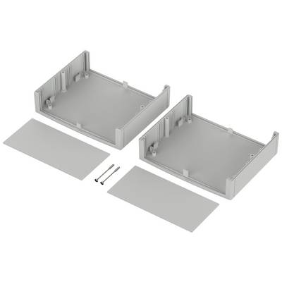 Twee grijze, rechthoekige behuizingshelften met vier kleine houders en twee schroeven in het midden om ze aan elkaar te bevestigen.