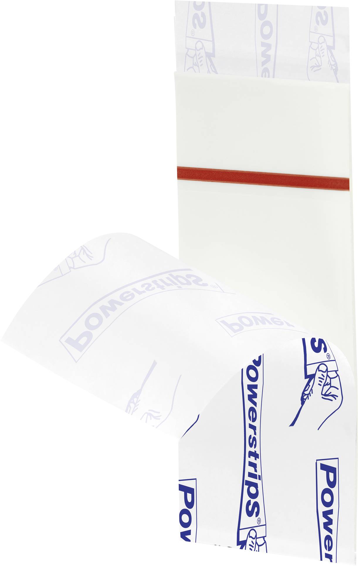 Een grote, witte plakstrip met een rode rand aan de bovenkant en blauwe opdruk 'Powerstrips', gedeeltelijk opgerold.