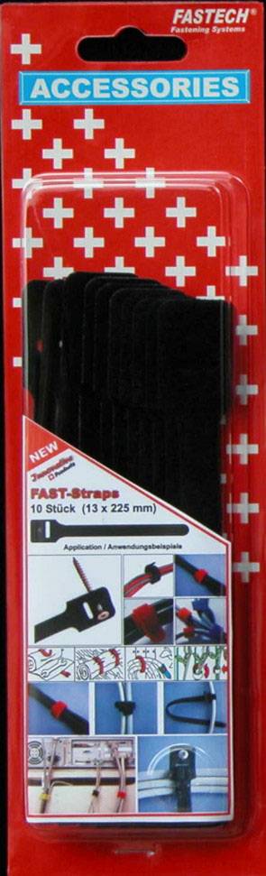 Verpakking van 'FAST Strap' kabelbinders, 10 stuks, 13 x 225 mm, rood met beeldhandleidingen. Merk: FASTECH.