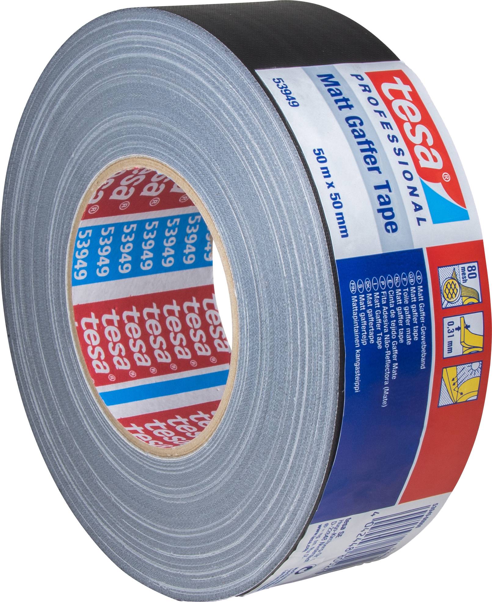 Een rol 'tesa' Professional Matt Gaffer Tape, 50 m x 50 mm, in zwart, geschikt voor toepassingen in fotografie, theater en elektronica.