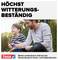 Een man en een kind zitten buiten op een bank. De man wijst het kind iets aan. Tekst: 'Uiterst weersbestendig'.