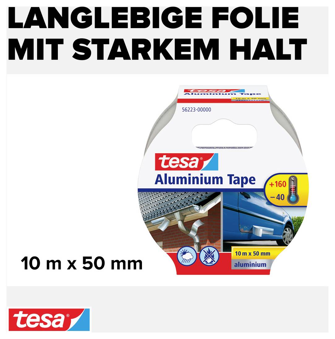 'Productverpakking voor Tesa Aluminium Tape, 10 m x 50 mm. Tekst bovenaan: Duurzame folie met sterke hechting.'