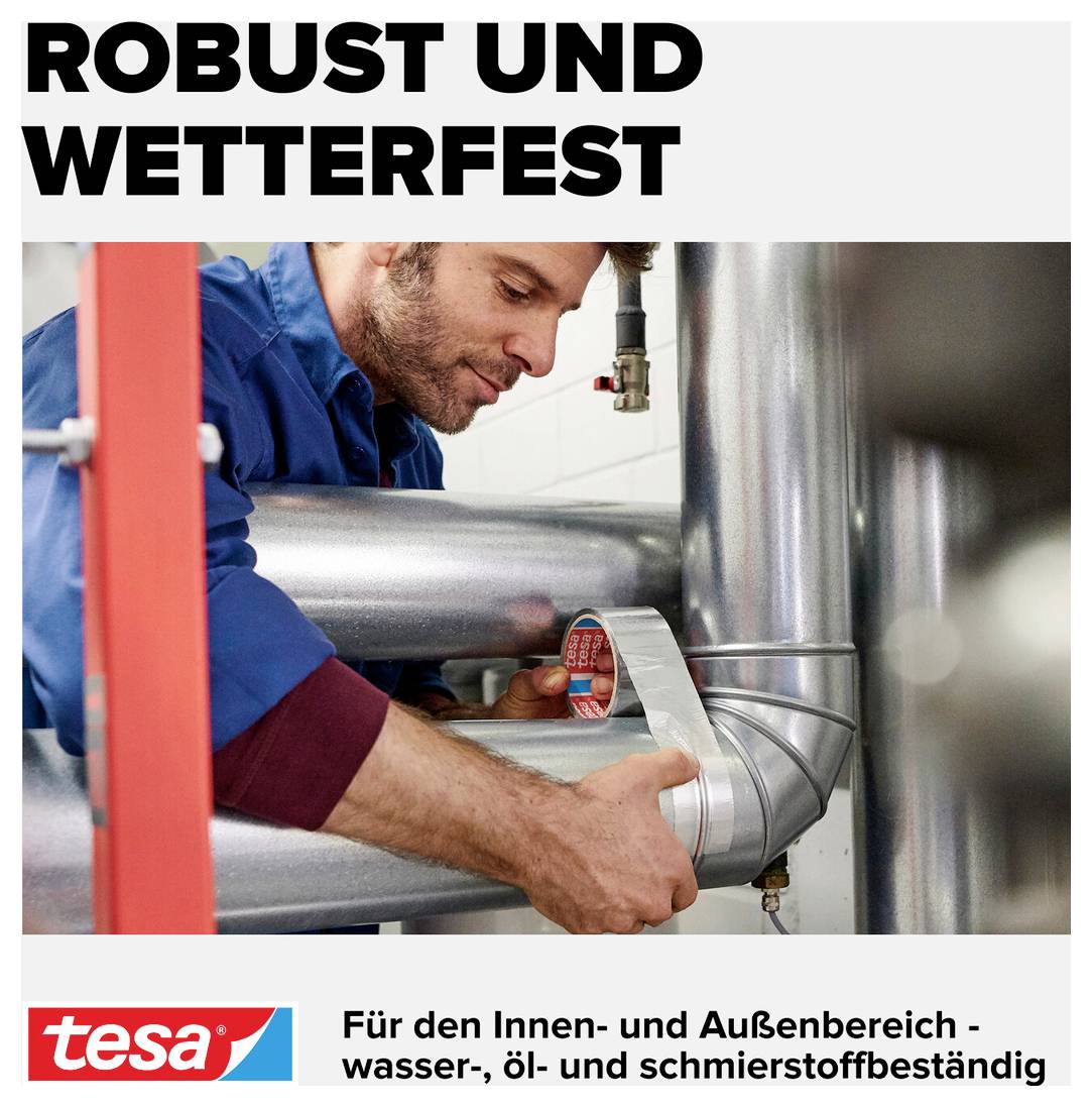Een man bevestigt tape aan buizen. Tekst: 'ROBUUST EN WEERSBESTENDIG' boven 'Voor binnen- en buitengebruik - water-, olie- en vetbestendig'.