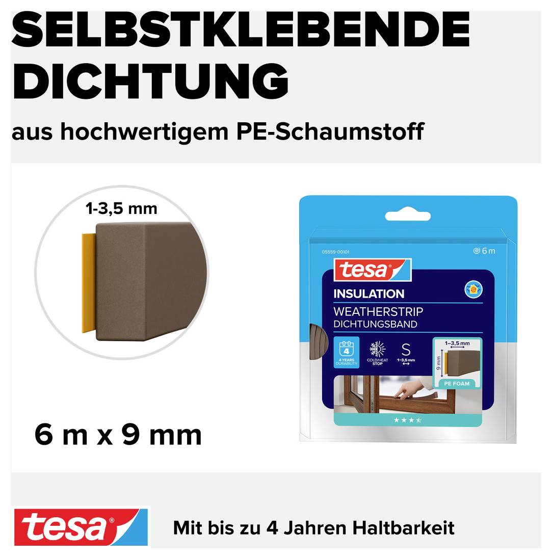 'Zelfklevende afdichting van PE-schuimstof', Afmeting: 6 m x 9 mm, 'Met tot 4 jaar houdbaarheid.'