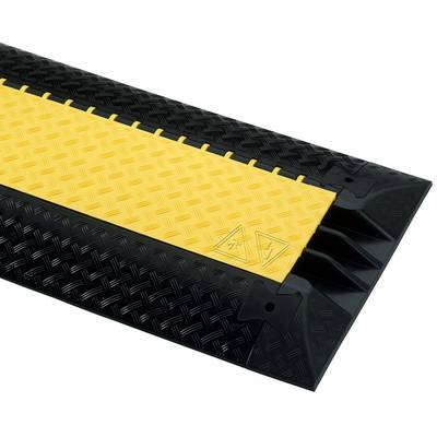 Zwarte kabelgoot met gele oppervlakte voor kabelbescherming, slipvast rasterpatroon, drie kanalen voor veilige kabelgeleiding.