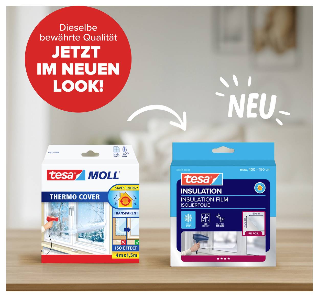 'Twee Tesa-producten: links "Thermo Cover", rechts "Insulation Film" met nieuw uiterlijk. Tekstopschrift: "Dezelfde beproefde kwaliteit NU MET NIEUW UITERLIJK!"'
