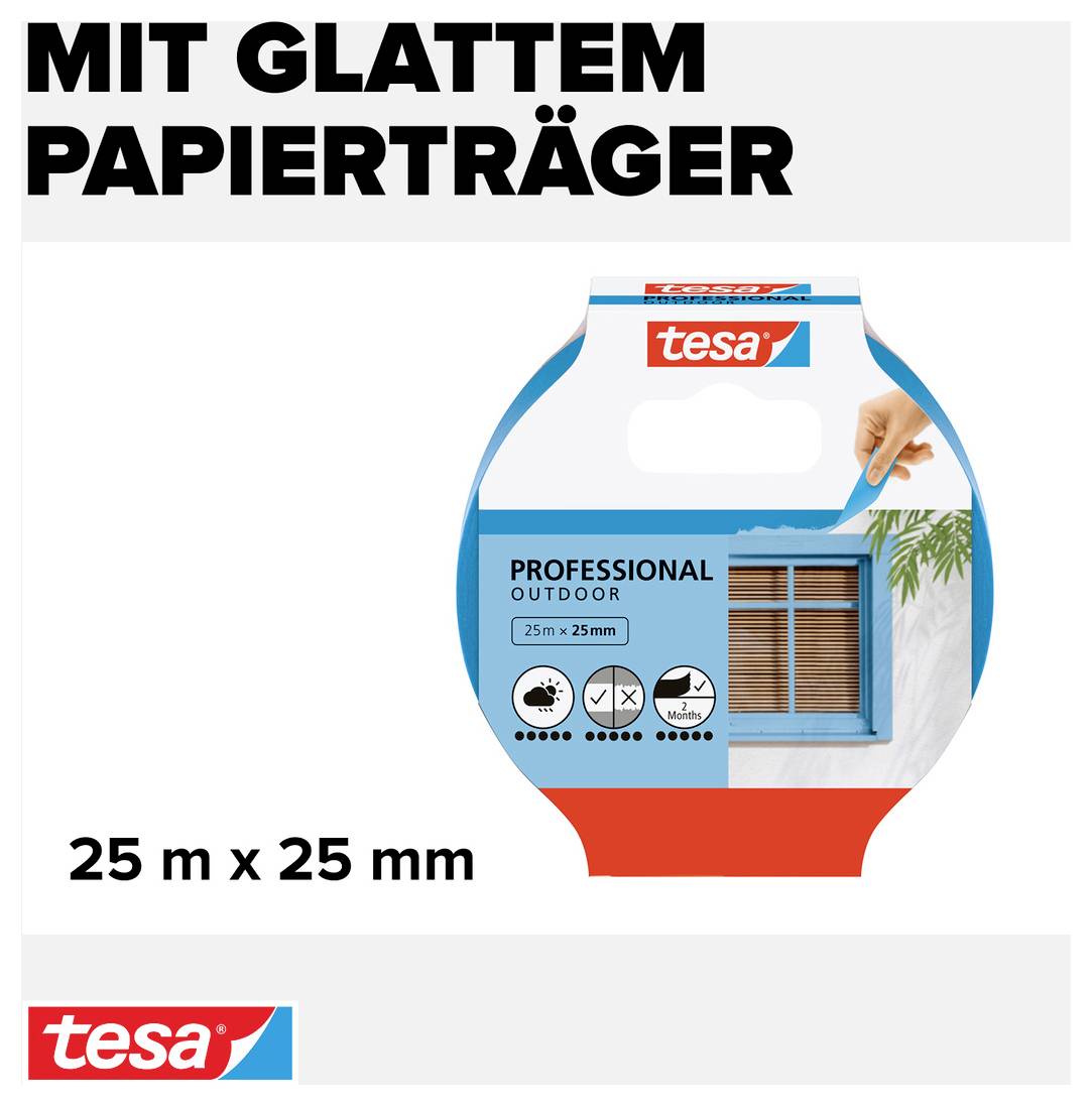 Tesa plakband voor buitengebruik, 25 m x 25 mm. Glad papieren drager. Geschikt voor professionele toepassingen buitenshuis.