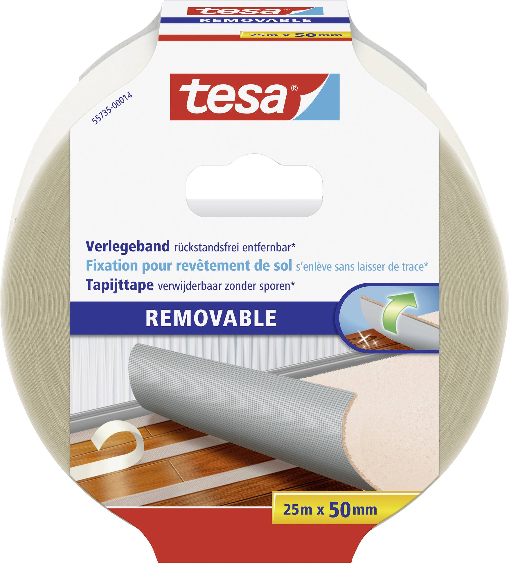 Verpakking van een Tesa tapijttape rol. Opschrift: 'Bevestigingstape zonder residu verwijderbaar'. Afmeting: 25m x 50mm.