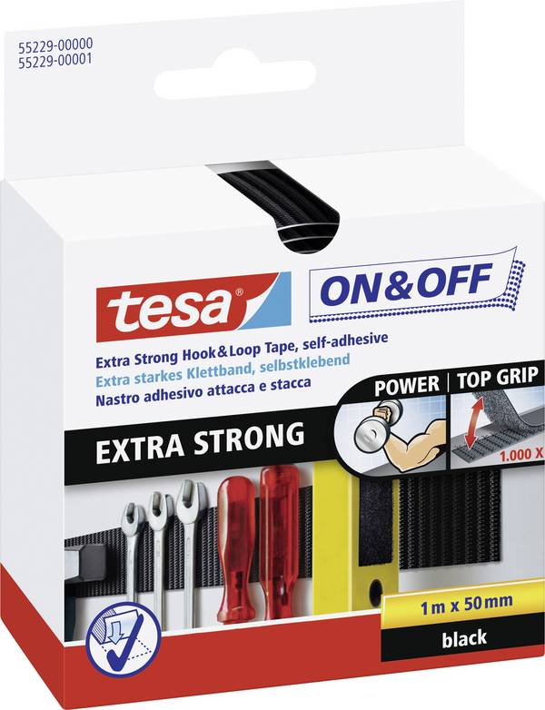 TESA On & Off 55229-00-01 Klittenband Om vast te plakken Haak- en lusdeel, Extra sterk (l x b x h) 1000 mm x 50 mm x 1 m Zwart 1 stuk(s)
