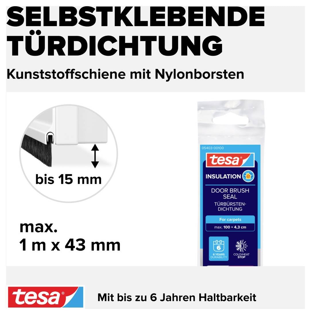 'Zelfklevende deurkiemdichting met nylonborstels', dicht tot 15 mm spleet, afmetingen: max. 1 m x 43 mm, geschikt voor tapijten, houdbaarheid tot 6 jaar.