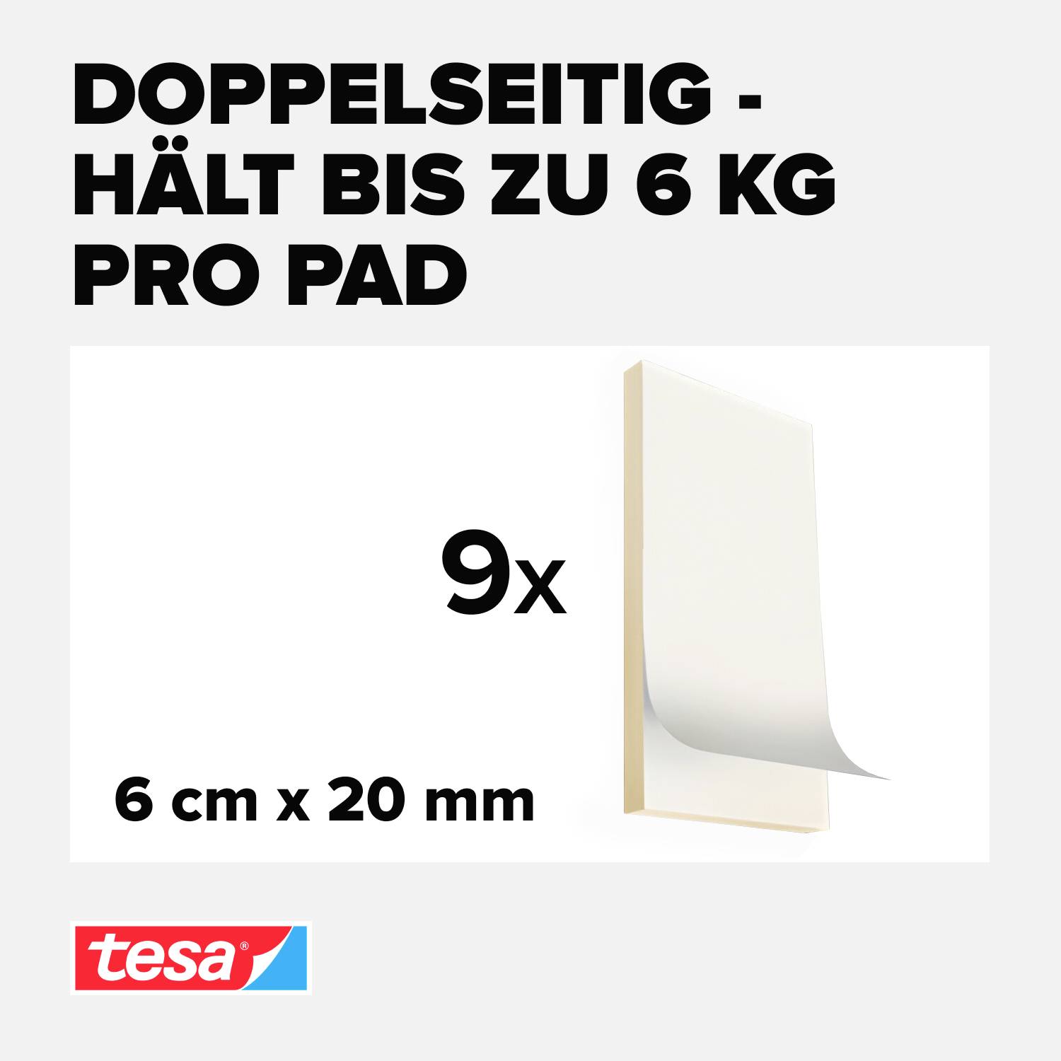 Dubbelzijdig plakpad, houdt tot 6 kg per pad, 9 stuks, afmeting 6 cm x 20 mm, merk tesa.