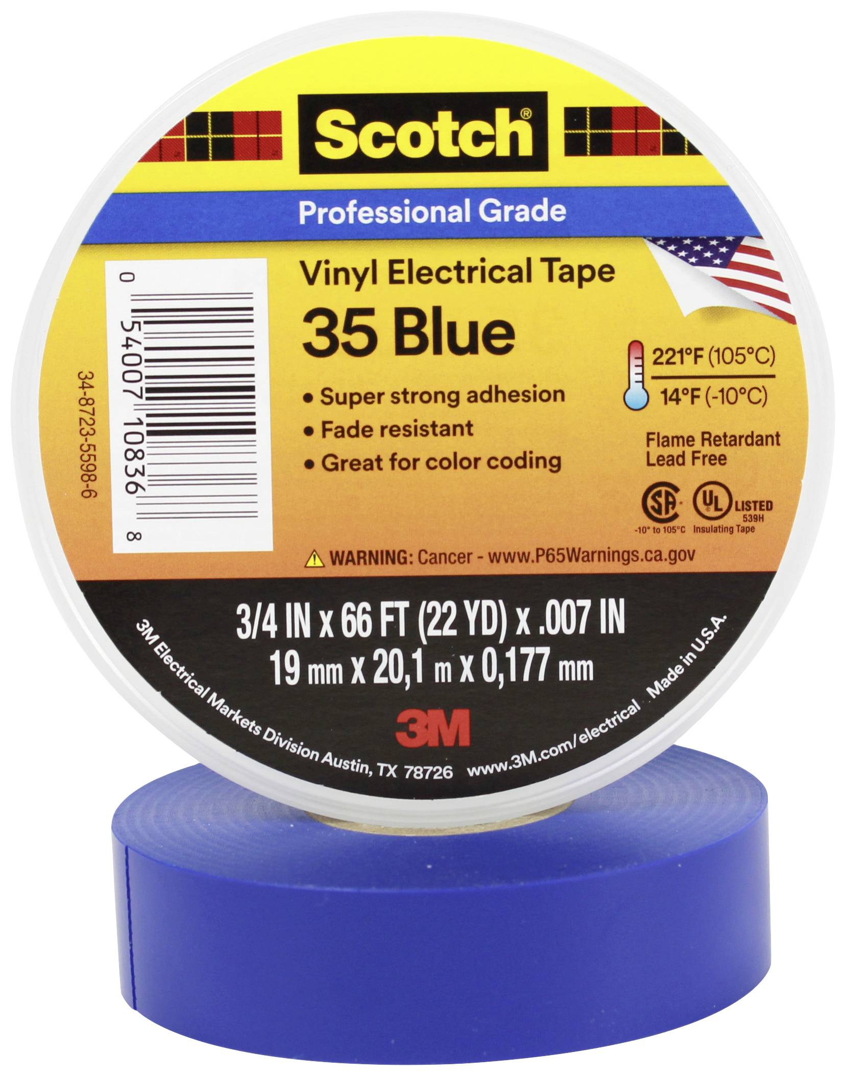 Rol plakband met etiket 'Scotch Professional Grade 35 Blauw'. Highlights: sterke kleefkracht, lichtecht, geschikt voor kleurcodering. Brandvertragend. Afmetingen: 3/4 x 66 FT.