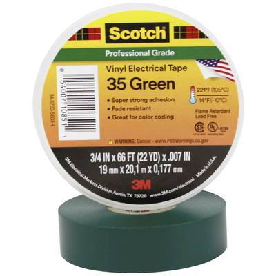 Professionele vinyl-elektro-isolatietape 'Scotch 35 Green', groen, 19 mm x 20,1 m. Hoge kleefkracht, brandvertragend, zeer geschikt voor kleurcodering.