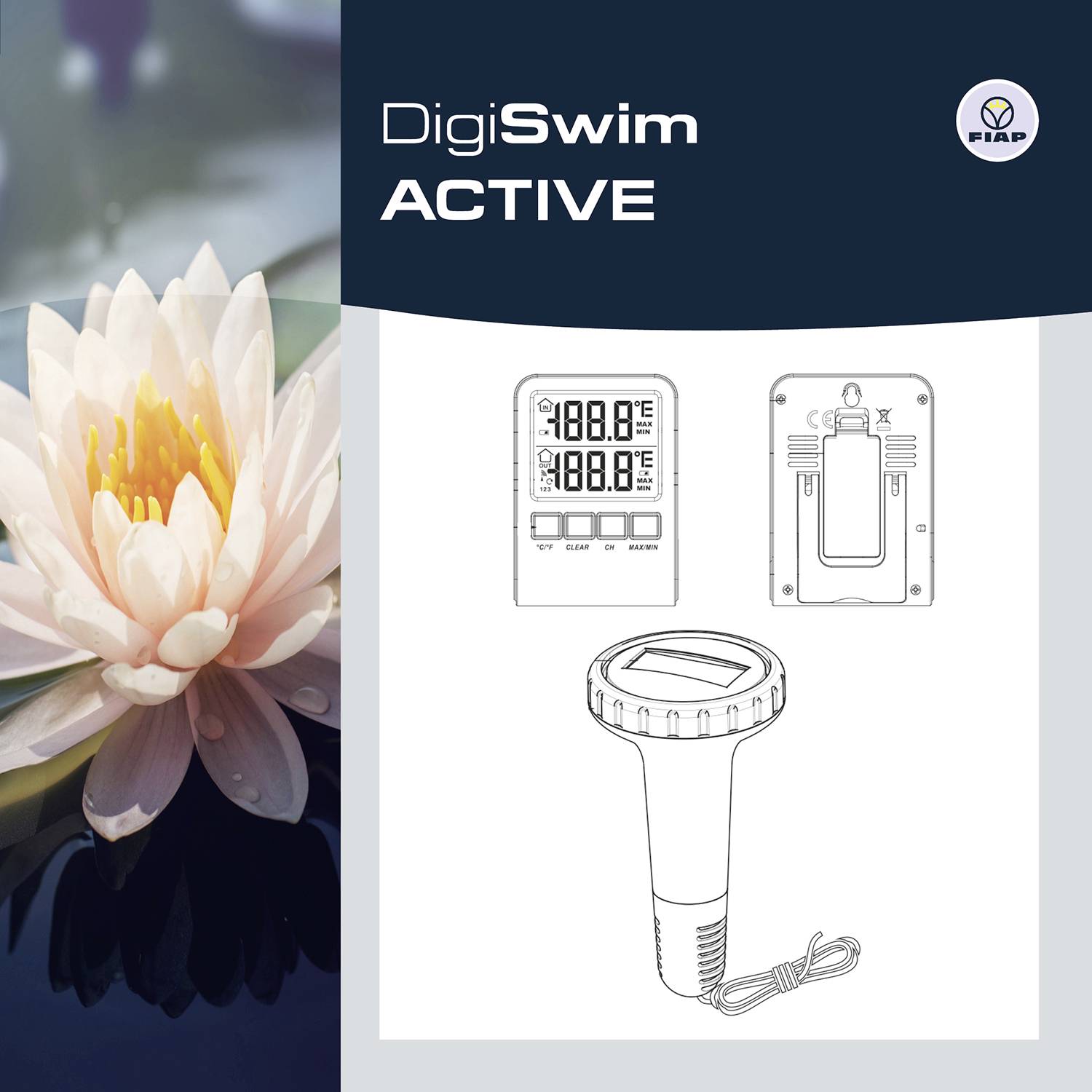 De afbeelding toont een digitale thermometer met display en sensor van DIGISWIM ACTIVE. Op de achtergrond een waterlelie.