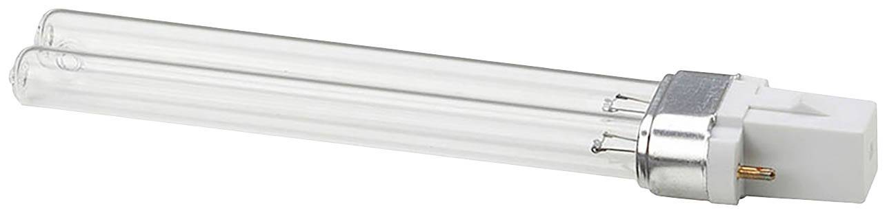 Een compacte tl-lamp met twee parallel lopende glazen buizen en een witte voet.